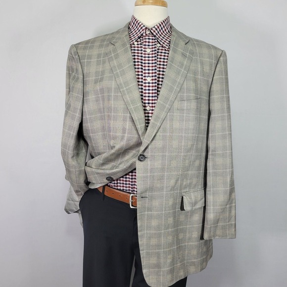 John W Nordstrom Men's Sport Coat Blazer‎ Two Button Gray Plaid Silk Wool 46R - Picture 1 of 12